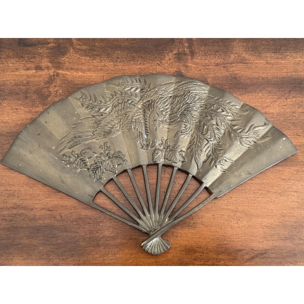 Vintage Asia Style Brass Fan Wall Decor with a Phoenix or Dragon Design
